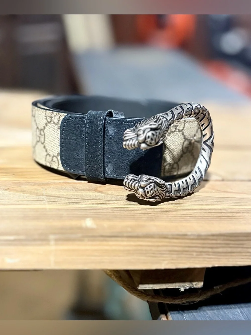 Gucci – Dionysus GG Supreme Canvas Belt Double Tiger Head – Beige/Black – Sz. 36